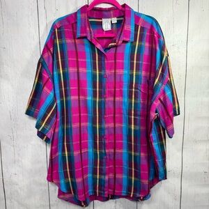 Vintage CHEZ T Oversized Plaid Button Up Shirt Cotton Bright 90s Bold Print 22W